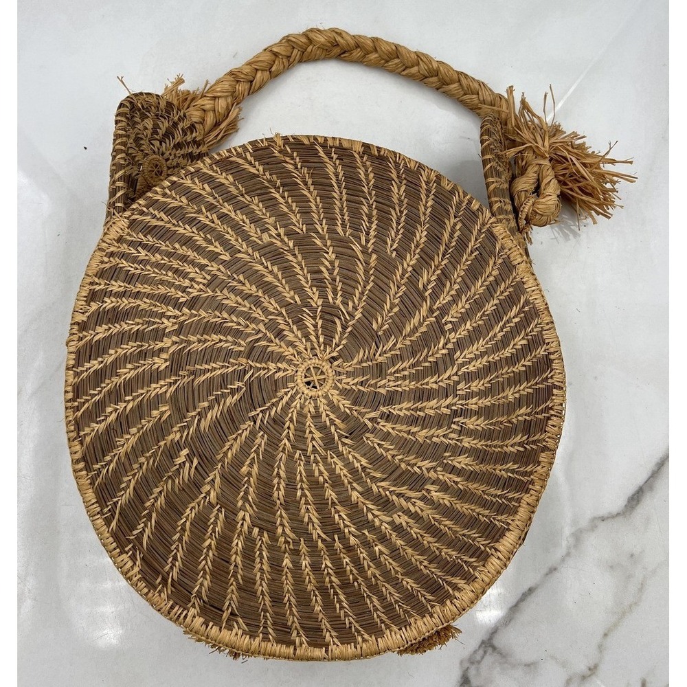 VTG Round Woven Hanging Basket Bag Spiral Pattern Tassel Boho